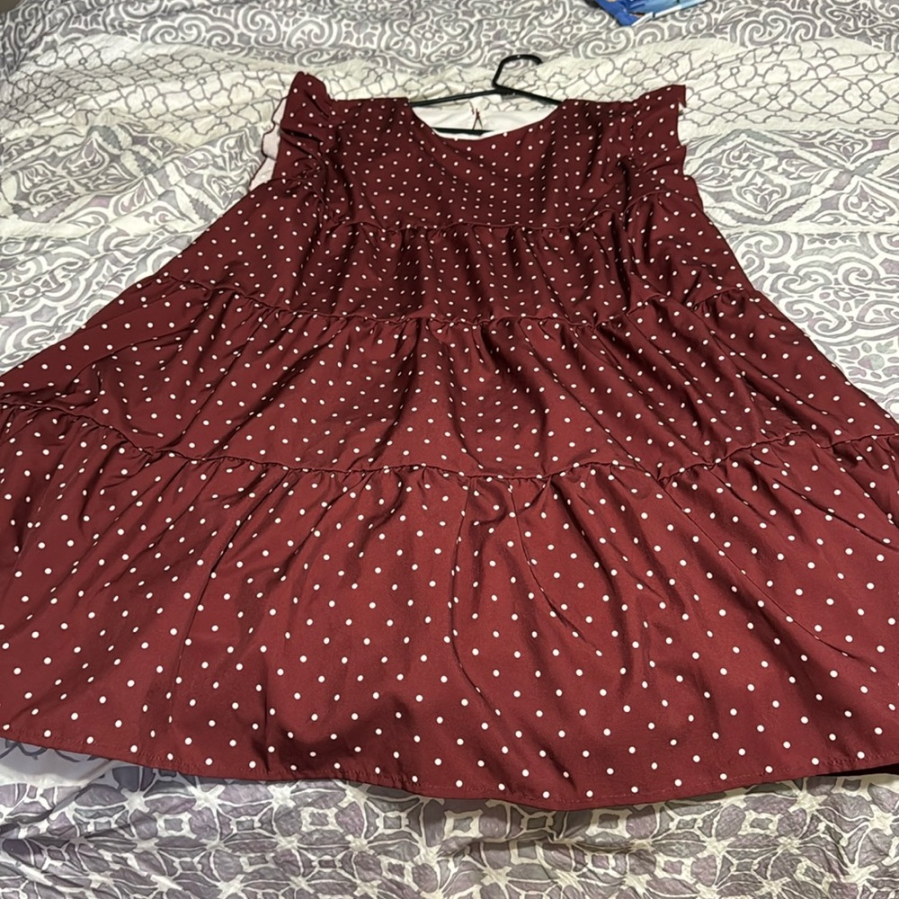 Maroon and white polkadot flutter sleeve dress